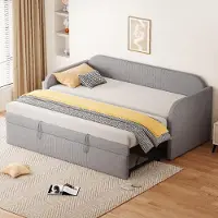 MODFU Letto pieghevole 90/180 x 190 cm con rete a doghe, letto in legno, letto da giorno, letto per bambini, tessuto di lino grigio chiaro (materasso escluso)