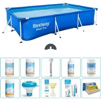 OEM Piscina in acciaio rettangolare - 300 x 201 x 66 cm - Blu - Include: generatore di cloro, kit di test, kit di riparazione, spazzola per la pulizia, misuratore di pH, termometro