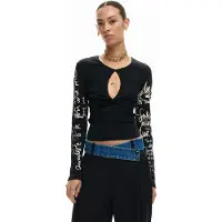 Desigual , T-shirt con apertura con lettering, Donna, Cotone, Nero, XL