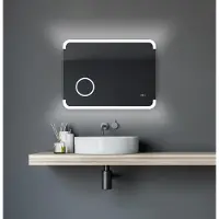 Talos Specchio da bagno con illuminazione LED Harmony - 80 x 60 cm - luce ambiente retroilluminata - specchio di cortesia illuminato con ingrandimento 3x orologio digitale