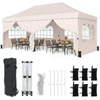 Costway Gazebo pieghevole 3x6 m con 4 pareti laterali, gazebo da giardino regolabile in altezza, gazebo pop-up con 6 sacchi di sabbia e borsa con rotelle, gazebo per feste beige