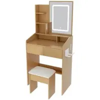 OKWISH : Comodino da trucco con specchio a LED e presa di corrente, tavolino da trucco con cassetti e poggiapiedi, ideale per camere da letto più piccole, finitura naturale