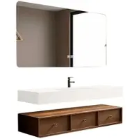 360Home Elegante set da bagno – Lavabo in pietra sinterizzata bianca con mobile marrone, specchio antiappannamento a LED e 3 ampi cassetti 100×55 cm【YTC805-100】