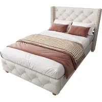 MODFU Letto imbottito 90x200 con rete e testiera, rivestito in lino, letto singolo con imbottitura a bottoni, dettagli in metallo, colore beige, senza materasso