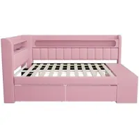STILVORA Divano letto 90x200 cm imbottito con porta USB e striscia luminosa a LED, letto singolo con scarpiera e 2 cassetti, letto imbottito multifunzionale rosa