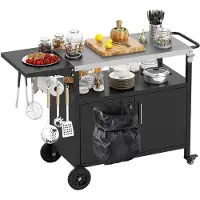 Costway Carrello da griglia con ripostiglio da cucina da esterno con piano, Carrello da griglia e armadietto a 2 porte Nero