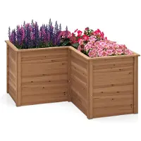 Costway Letto rialzato in legno da giardino con base aperta, Vaso rialzato a forma di L da giardino 120x120x63cm Marrone