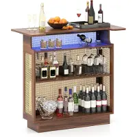 Costway Tavolo bar 4 ripiani industriale luce led rgb controllo app, Tavolo bar 4 ripiani rattan 3 portabicchieri 3 ripiani Marrone