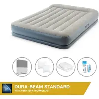 Intex Letto ad aria - 2 persone - 152 x 203 x 30 cm - Grigio - Con pompa incorporata + lenzuola antracite + cuscino + federe Molton 2 in 1 + set di riparazione