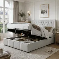 STILVORA Letto matrimoniale , 180x200 cm, imbottito con meccanismo a sollevamento idraulico e testiera (con decorazioni a bottoni), contenitore per biancheria, colore grigio chiaro (senza materasso)