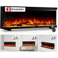KAMINIO Camino elettrico LEA - Caminetto 3-in-1 con vista panoramica, riscaldamento, effetto fiamma 3D, 12 colori di fiamma, telecomando - 50 pollici