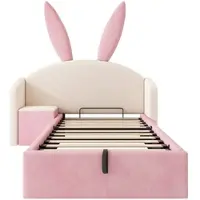 STILVORA Letto imbottito 90x190 cm con testiera a orecchie di coniglio, letto con contenitore idraulico, lettino per bambini con comodino, velluto beige+rosa