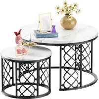 MODFU : Tavolino conferenza rotondo, set da 2 pezzi, tavolini con spazio contenitivo, tavolini da salotto effetto marmo, tavolini rotondi, bianco e nero