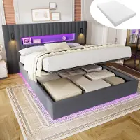 MODFU Letto matrimoniale 180x200 con materasso, letto imbottito in velluto con alta testiera, letto a molle con sistema idraulico, adatto anche per ragazzi, con luci LED e porta USB, colore grigio