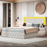 StarTech.com Letto imbottito - 160x200 cm - Spazio contenitore con sistema a sollevamento idraulico - Testiera con illuminazione LED - Struttura a rete - Tessuto velluto - Colore beige