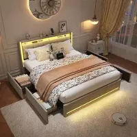 StarTech.com Letto matrimoniale imbottito con contenitore - 4 cassetti - Illuminazione LED con funzione di ricarica USB - Struttura a listelli - 140x200 cm - Rivestimento in lino - Beige