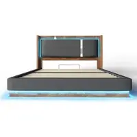 OKWISH Letto imbottito 140x190 con contenitore, letto per ragazzi con LED e rete a doghe, sistema di sollevamento idraulico, letto singolo grigio, senza materasso