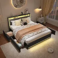 StarTech.com Letto imbottito con contenitore - 4 cassetti - Illuminazione LED - Porta USB - Rivestimento in lino - 140 x 190 cm - Grigio scuro