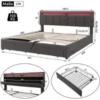 StarTech.com Letto imbottito - Letto matrimoniale - 160 x 200 cm - 2 cassetti - Spazio contenitore con sistema idraulico - Grigio scuro