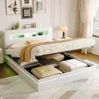 StarTech.com Letto imbottito - 160 x 200 cm - Illuminazione LED - Spazio contenitore con sistema idraulico - Struttura a rete - Rivestimento in velluto - Colore beige