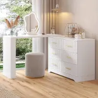 OKWISH Tavolino da trucco 2-in-1 con piano girevole, tavolo da trucco con luci LED e 6 cassetti, mobiletto per soggiorno o camera da letto, bianco