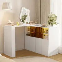 MODFU , tavolino da trucco bianco con specchio a LED, tavolino da toeletta con piano girevole, funzione da scrivania, mobile contenitore con ante scorrevoli, dimensioni 177×40×131,5 cm