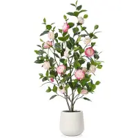 OEM Cespuglio di camelia artificiale da 120 cm in vaso di Vetroceramica bianca con 30 fiori, per soggiorno, ufficio, balcone, giardino, decorazione