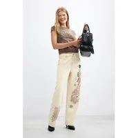 Desigual , pantaloni balloon in denim ricamati, Donna, Cotone, Bianco, 38