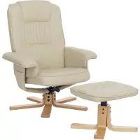 MCW Poltrona relax H56, poltrona TV Poltrona TV con sgabello pouf, Similcuoio, legno di eucalipto MVG ~ crema