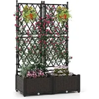 Costway Letto da giardino rialzato con tralicci e drenaggio, Recinzione di privacy in piedi per patio balcone esterno Nero