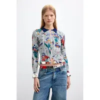 Desigual , Maglione floreale con colletto a camicia, Donna, Bianco, S