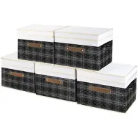 OEM TYEERS Contenitore pieghevole con coperchio, tessuto, design patchwork, scatole portaoggetti con coperchio, 38x25x25 cm, set da 5, colore nero