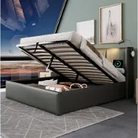 OKWISH Letto imbottito 180x200 con contenitore e luci LED, letto matrimoniale con funzione di ricarica USB, in ecopelle, disponibile in grigio, senza materasso