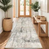 OEM Tappeto in lana sintetica grigio e oro, stile astratto, 80x300 cm, antiscivolo e lavabile, per cucina e soggiorno, moderno e minimalista
