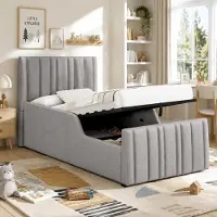 MODFU Letto imbottito 90x200, modello funzionale idraulico, con contenitore, testiera imbottita, letto per ragazzi/bambini con rete a doghe, in lino, colore grigio (senza materasso)