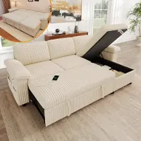 Merax Divano angolare a forma di L, con funzione letto, pouf incluso, porta USB di tipo C, schienale regolabile, cuscini per braccioli, tessuto corduroy, colore beige