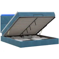 Syfax Panca contenitore con materasso e luci LED, colore blu scuro, 180 x 200 cm, rivestita in velluto