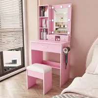 MODFU Set da trucco con specchio a LED e sgabello, comò da trucco con presa di corrente, supporto per asciugacapelli, tavolino da trucco compatto con cassetti, colore rosa