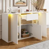 OKWISH Mobile bar o credenza bianca con illuminazione LED regolabile e cassetto, mobile contenitore con finitura effetto legno, ideale per il soggiorno