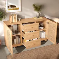 OKWISH Mobiletto contenitore "" con tre cassetti e ante in corda, pensile per soggiorno, design a doppia anta, piedini sferici, ideale per il soggiorno