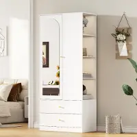MODFU Armadio bianco con specchio, 80x40x180 cm, mobile contenitore, guardaroba con 2 cassetti e 4 ripiani