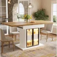 OKWISH Tavolo da pranzo allungabile con ante scorrevoli in vetro e illuminazione LED, tavolo da cucina con spazio contenitivo, 110–140 cm, maniglie a pressione nascoste, bianco