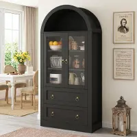 MODFU , pensili da cucina, armadio curvo, 80x36x170 cm, vetrina con cassetti, ampie ante in vetro e ripiani regolabili, colore nero