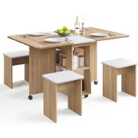 Mondeer Tavolo da pranzo pieghevole con 4 sedie, allungabile, con ruote e ripiani, in legno di quercia/bianco, dimensioni 120 x 80 x 80 cm