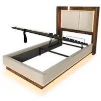 STILVORA Letto per ragazzi 90x200 con rete a doghe e illuminazione a LED, letto imbottito con contenitore idraulico, divano letto in lino beige e noce