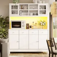 OKWISH Mobiletto da cucina con LED RGB e 4 cassetti, pensile da cucina con ante in vetro e ripiani regolabili, mobiletto alto bianco