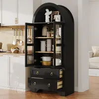OKWISH Mobile contenitore con 2 cassetti e ante in vetro, pensili da cucina con ripiani regolabili, maniglie in metallo, design a doppia anta, colore nero