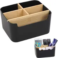 OEM VHV - Organizzatore da scrivania con 5 scomparti - Contenitore in ABS con divisori interni in bambù removibili - Nero - Ideale per ufficio e toeletta