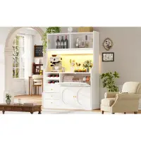 OKWISH Armadietti da cucina alti con ante scorrevoli in vetro e illuminazione RGB, ampio spazio di stoccaggio, mobile da cucina con vano contenitore e 3 cassetti, colore bianco