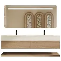360Home Set lavabo doppio sospeso, effetto travertino, con specchio, mobile sottolavabo, pietra sinterizzata, con foro per rubinetteria 150×55 cm【RW4822-150 K】